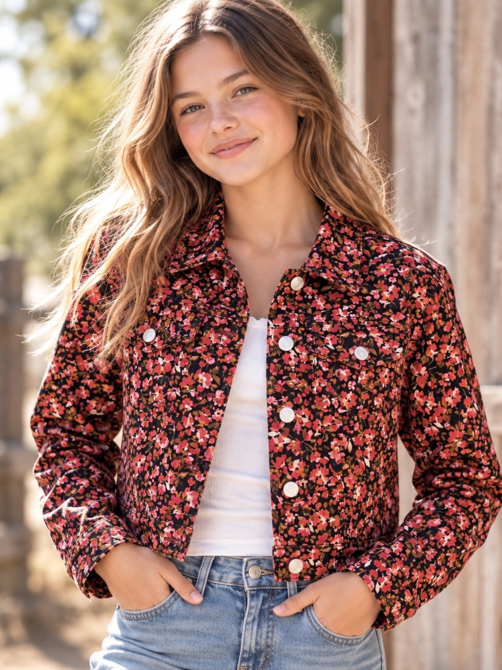 Social Standard by Sanctuary Floral Denim Jacket Girls XL 14 16 Pink Black